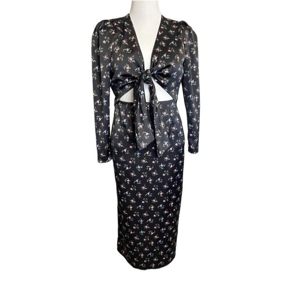 WAYF‎ Black Ditsy Floral Dress Satin Tie Bare Midriff Cutout Puff Sleeve NWT Med